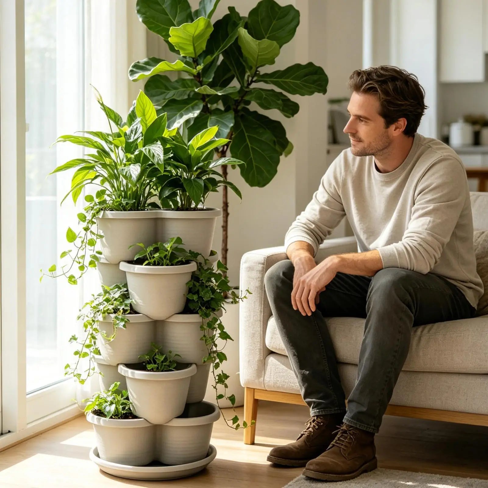 White stackable vertical planter tower with butterfly-shaped pots indoors with houseplants