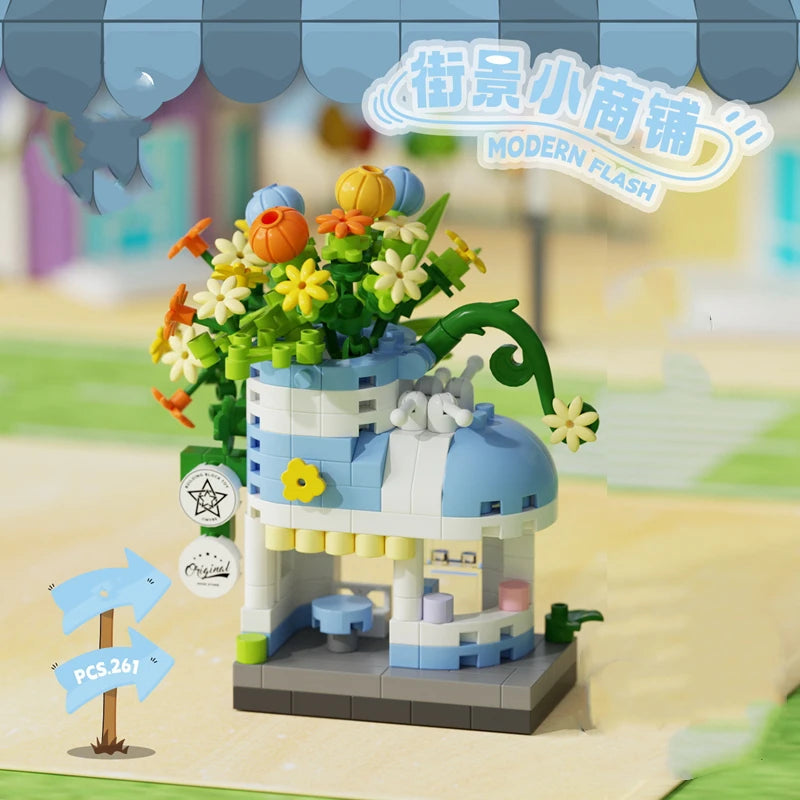 Miniature blue and white building block shop toy with floral design, perfect for creative play and desk decor.