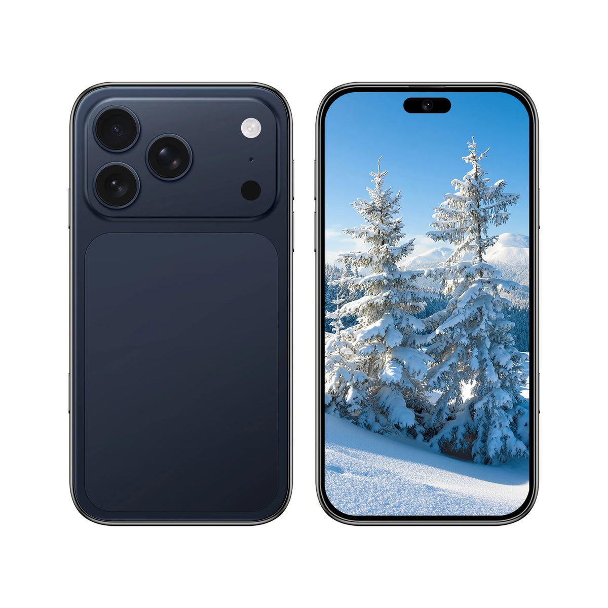 Black smartphone with dual rear cameras and a front display showing a snowy landscape