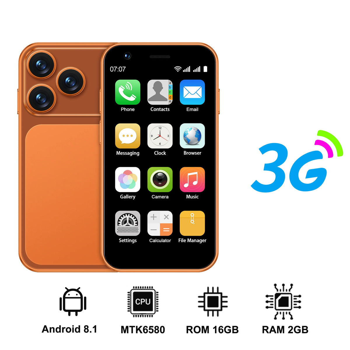 Orange smartphone with dual rear cameras, Android app screen with 3G branding