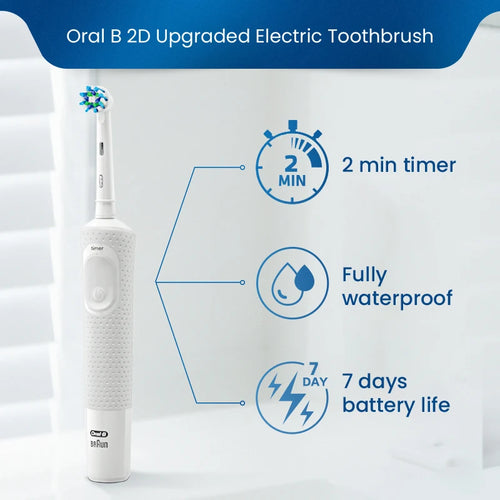 Oral B D100 Vitality electric toothbrush, AI toothbrush with 2-min timer, waterproof design, side angle view.