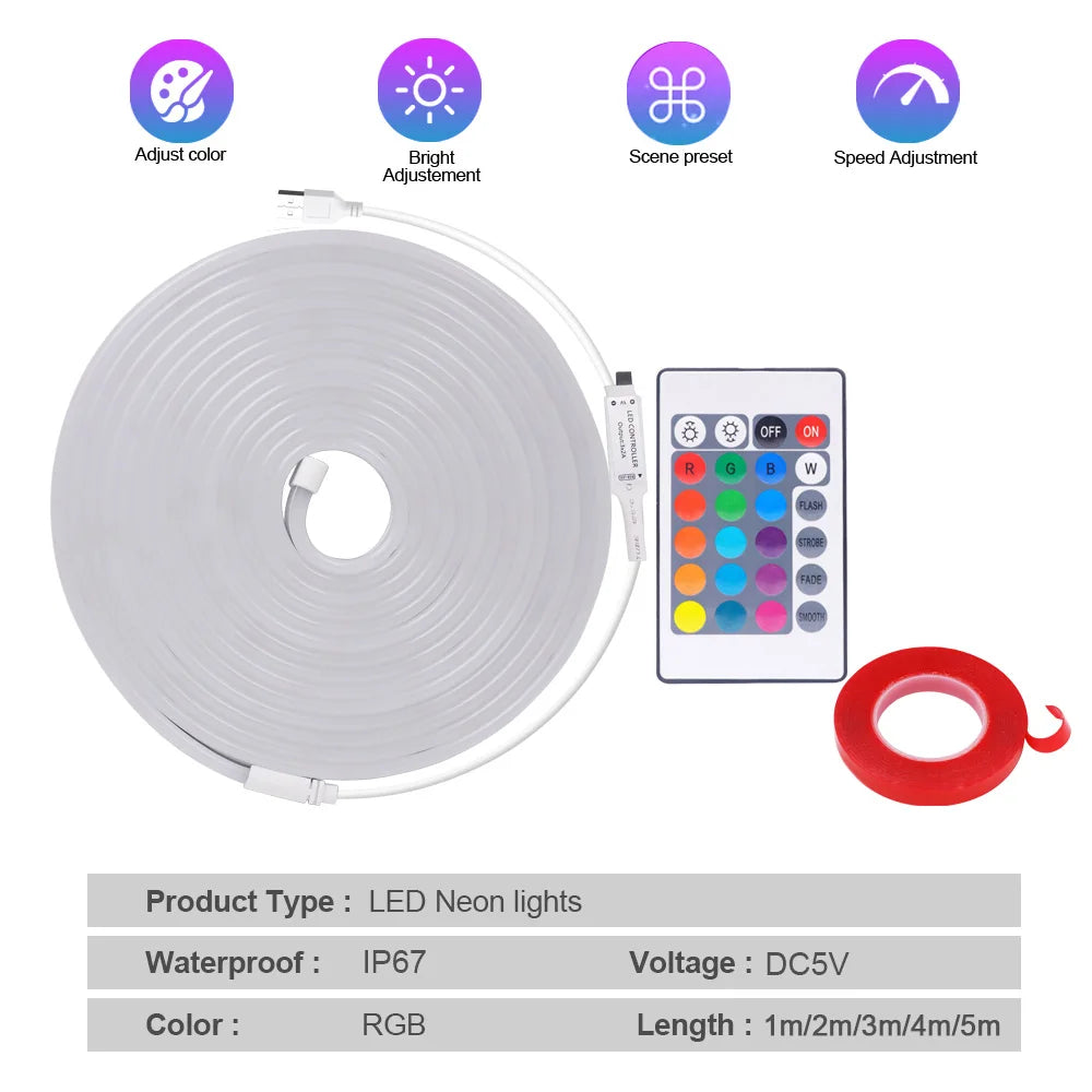 5V USB RGB LED Neon Strip Light 24key Remote Control Adhesive Tape 3535 108LED/m 6x12mm Waterproof Flexible Lamp Home Decoration