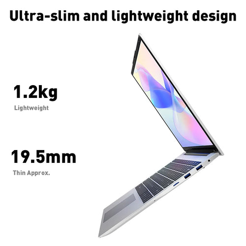 Silver 14.1-inch ultra-slim laptop shown at an angle, featuring black keys, trackpad, and visible side USB ports.