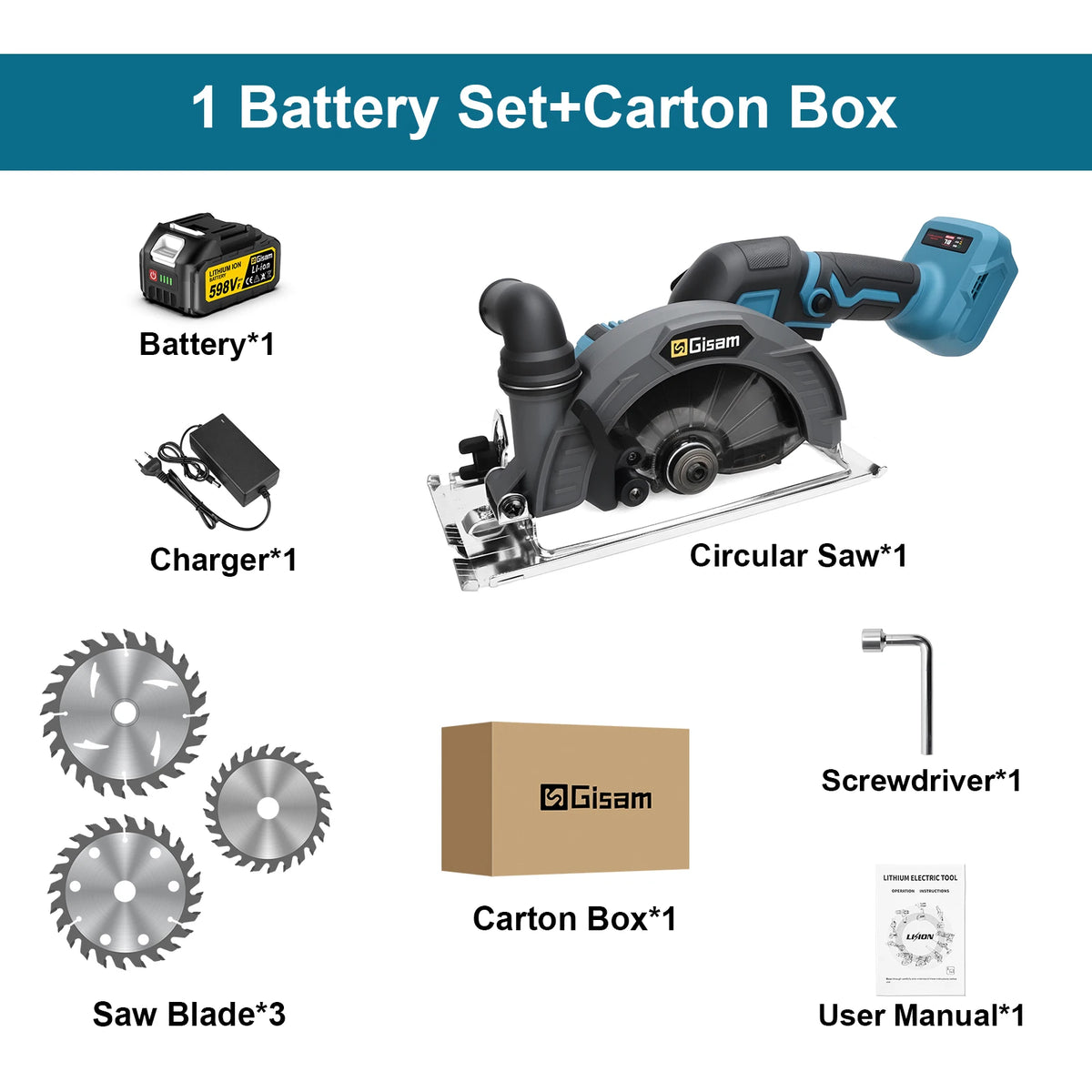 Cordless circular saw 1-battery kit with charger, saw blades, screwdriver, and user manual