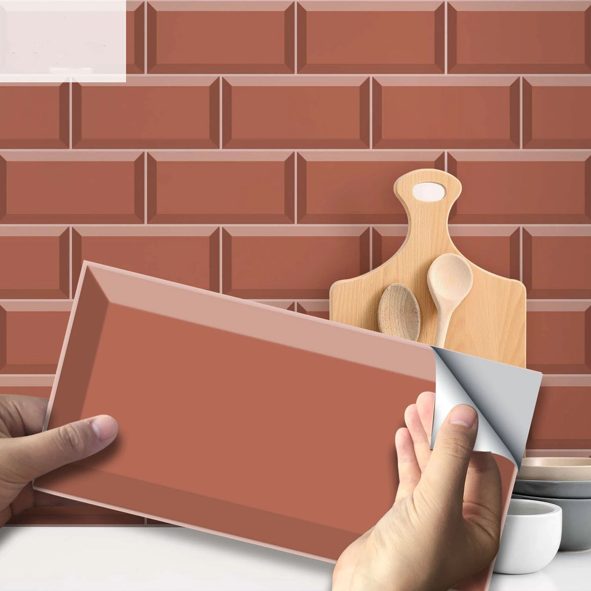 Peel-and-stick brick tile sticker sheet, terracotta brick pattern.