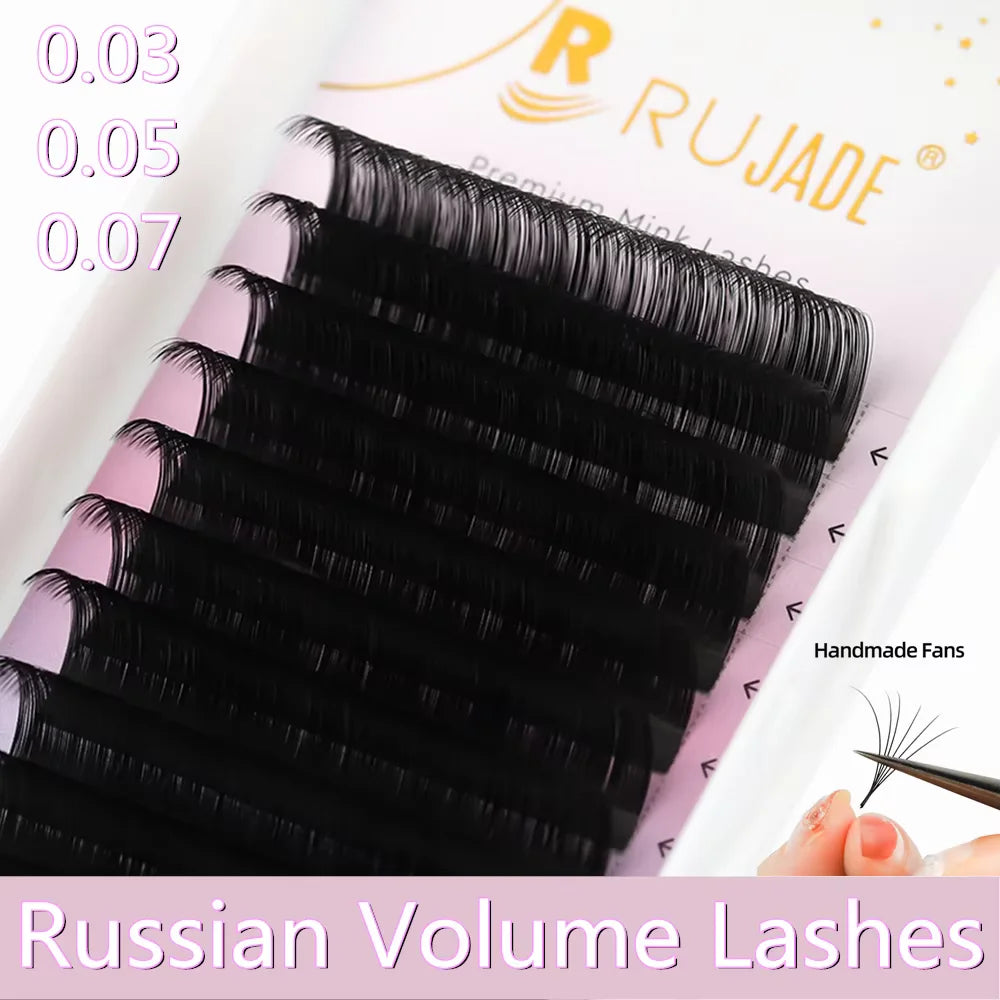 Tray of black Russian Volume handmade silk eyelash extension fans by Rujade, featuring 0.03mm thickness.