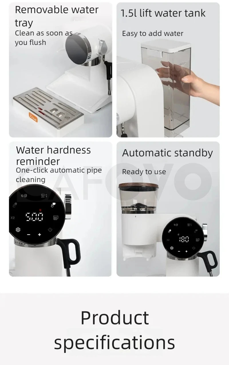 White Kesu espresso machine with 1.5L water tank, removable tray, and digital display for automatic coffee brewing.
