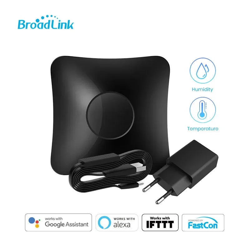 BroadLink smart remote hub with humidity/temperature sensor, cable, and two-pin power adapter.