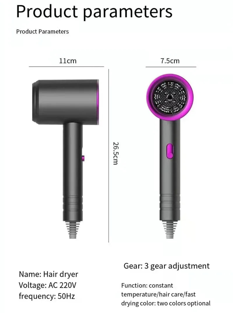 Grey and purple high-speed negative ion hair dryer with 3-gear heat settings and ergonomic professional design.