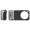Smartphone camera grip and protective phone case in matte black and metallic grey for improved mobile photography.