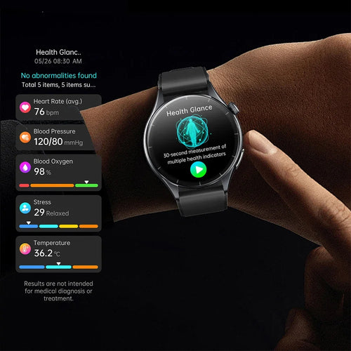 Black smartwatch on wrist showing health metrics on dark screen and slim band