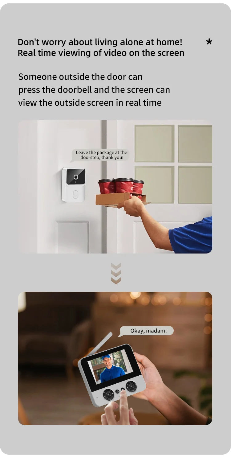 4.3 "Upgraded two-way wake-up infrared night vision video doorbell can be installed with indoor and outdoor electronic doorbells