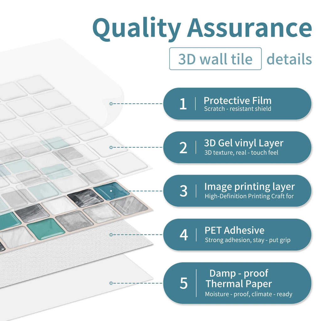 Mosaic tile stickers, removable self-adhesive wall decals, waterproof peel and stick backsplash, suitable for kitchen