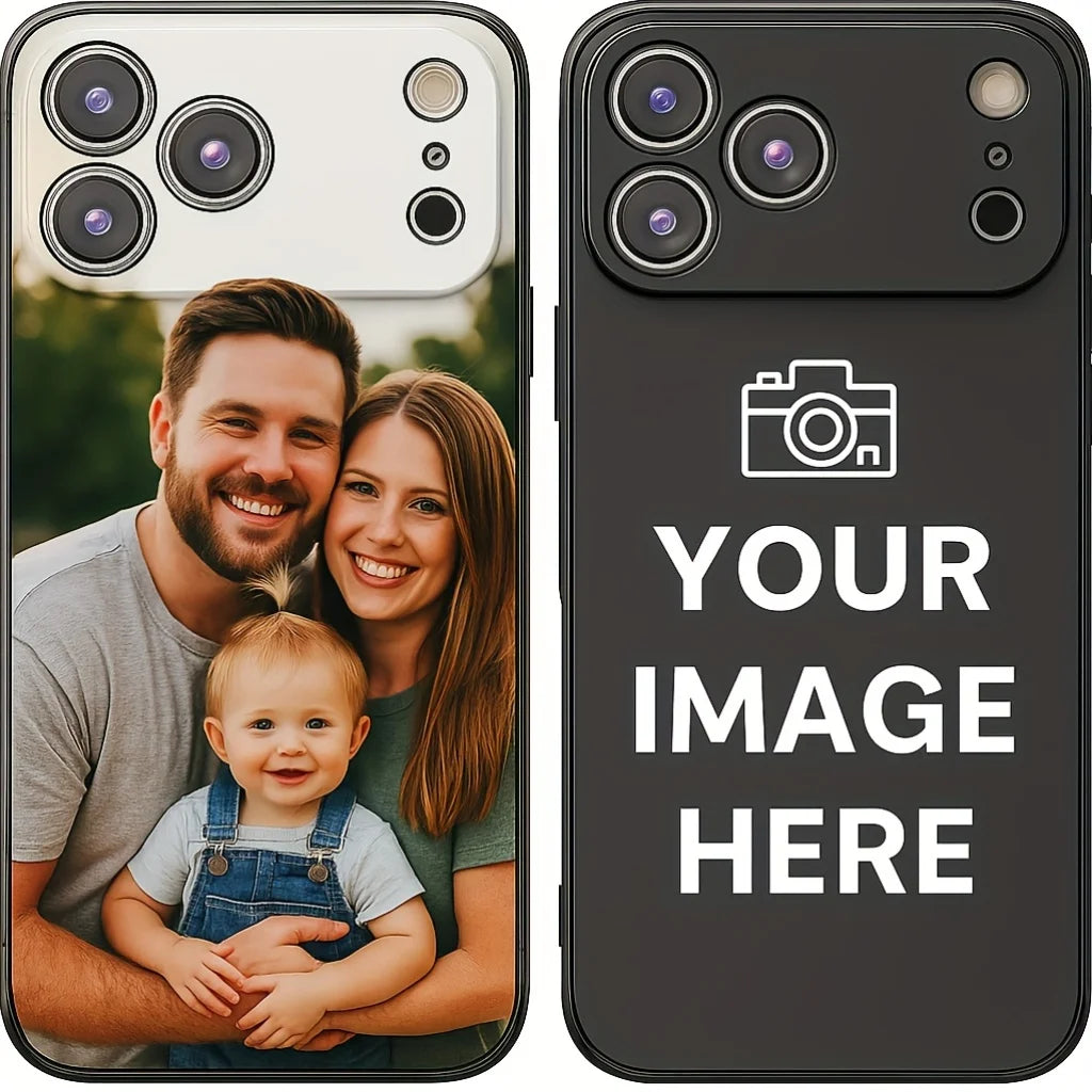Customizable phone case with a photo of a family on the left and a placeholder template on the right.