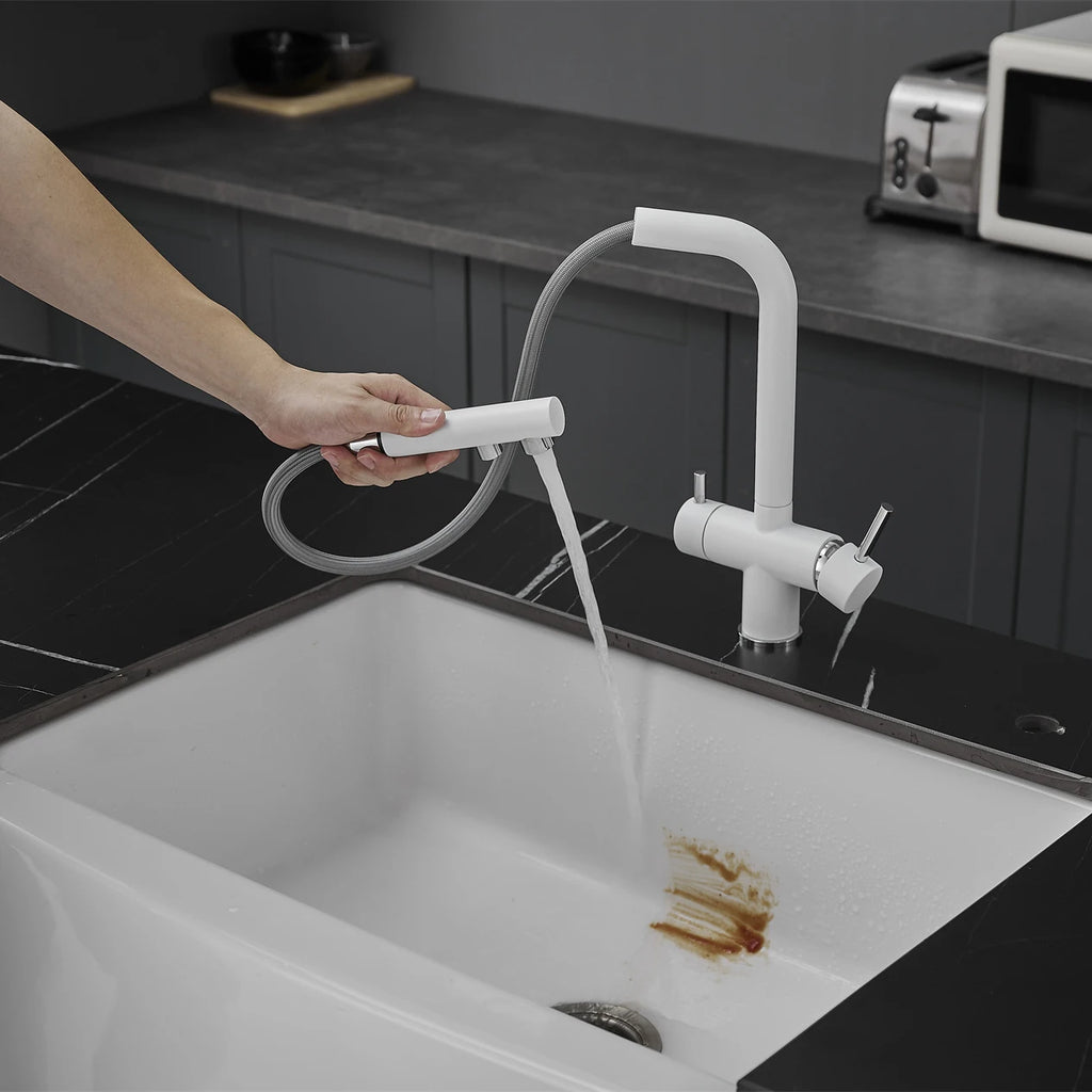 White Hot Cold Filter Kitchen Sink Faucets 3 Ways Pure Water Pull Out Kitchen Sink Mixer Tap Brass Filter Kitchen Sink Faucet