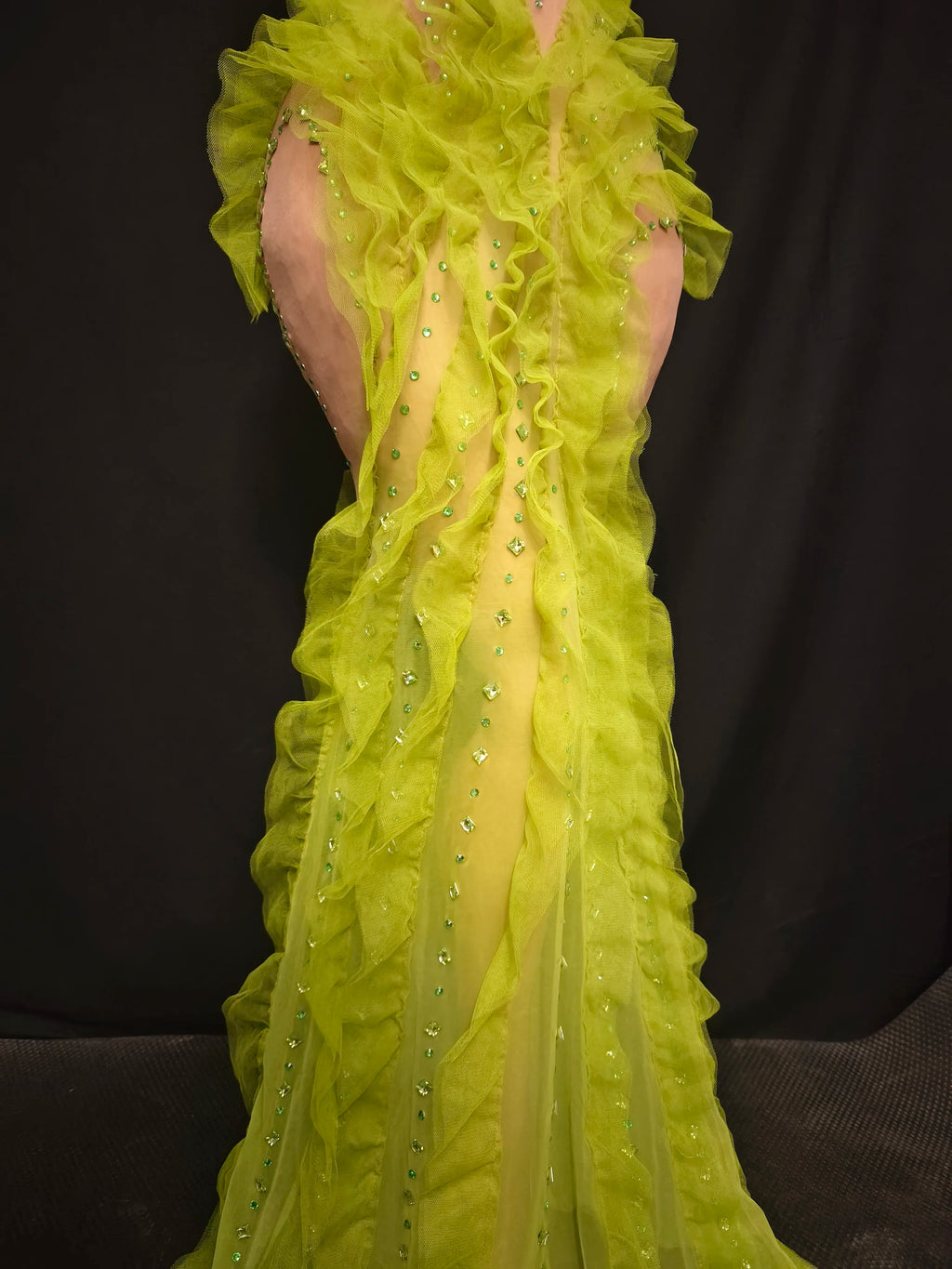 Elegant Sparkly Green Rhinestones Mesh Sheer Ruffle Maxi Dress Celebrate Eveing Birthday Party Nightclub Red Carpet Stage Wear