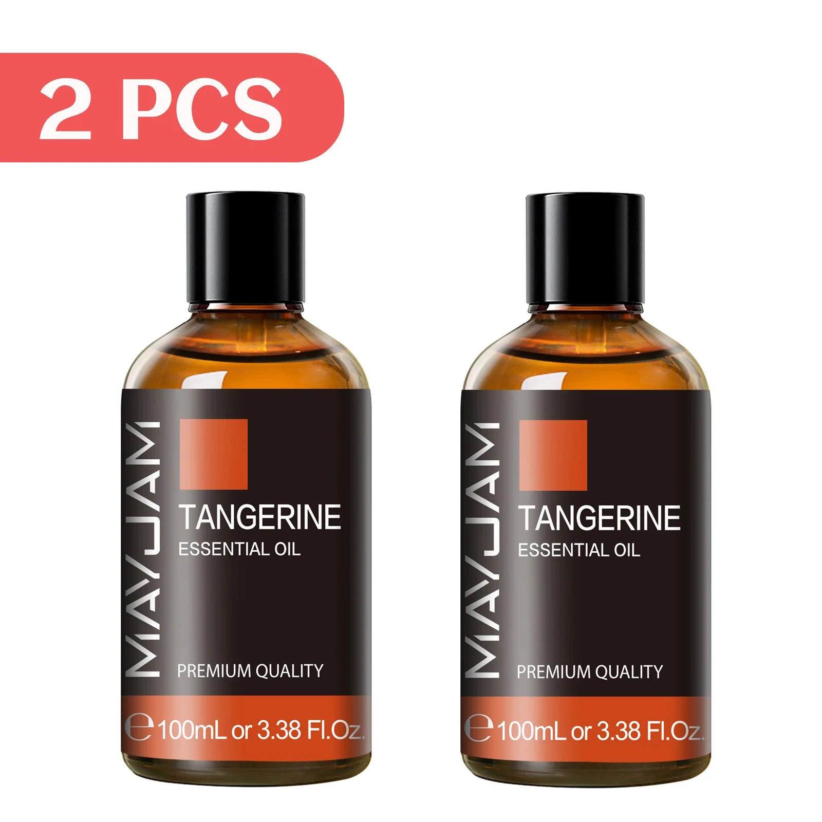 2-pack Tangerine essential oil bottles, amber glass, black caps, 100ml