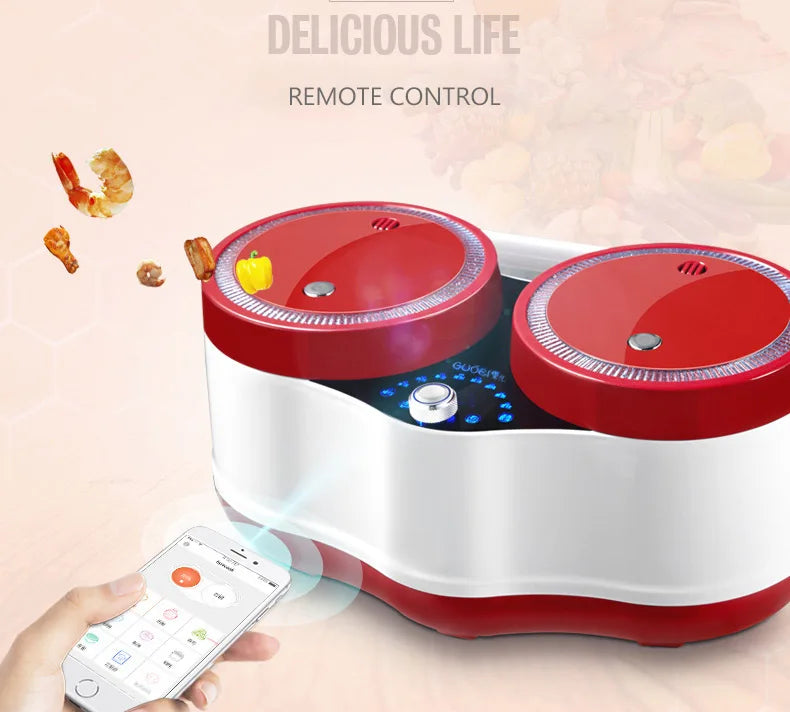 Electric double-pot rice cooker, red and white base with smartphone remote control