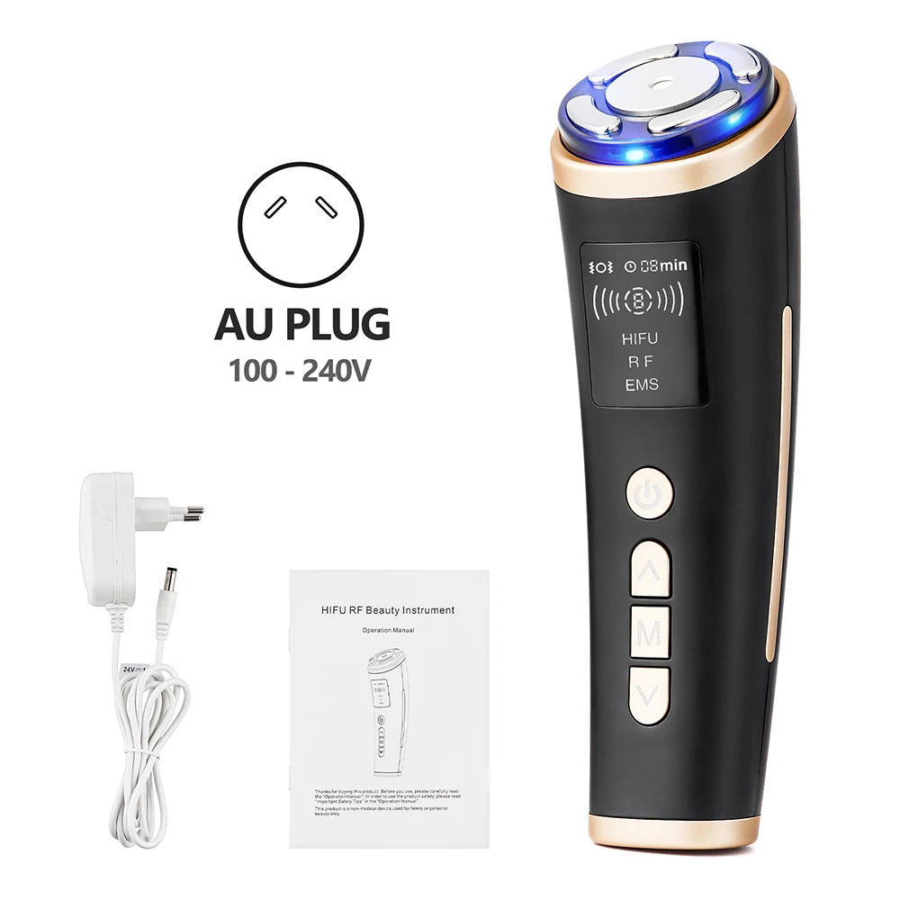 Black and gold mini HIFU facial device with blue LED light, AU plug power adapter, and an instruction manual.