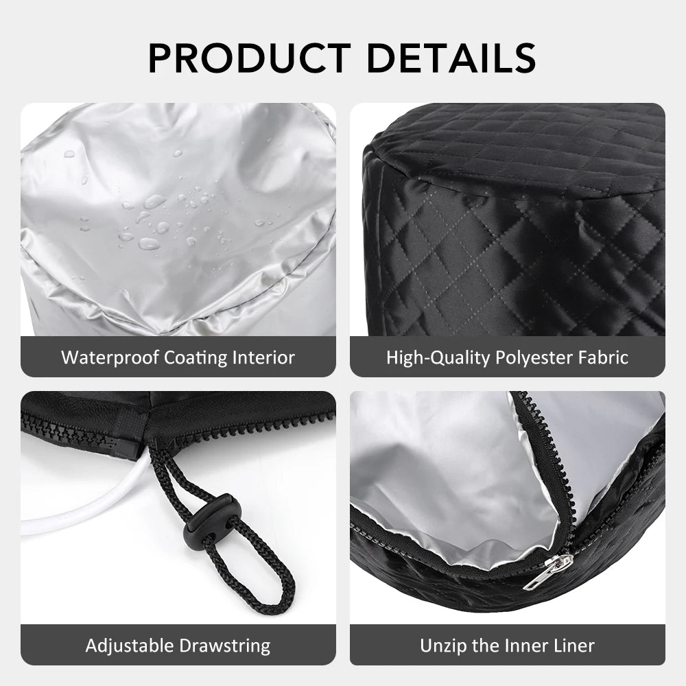 Black quilted electric hair steamer cap with waterproof silver interior, adjustable drawstring, and removable liner.