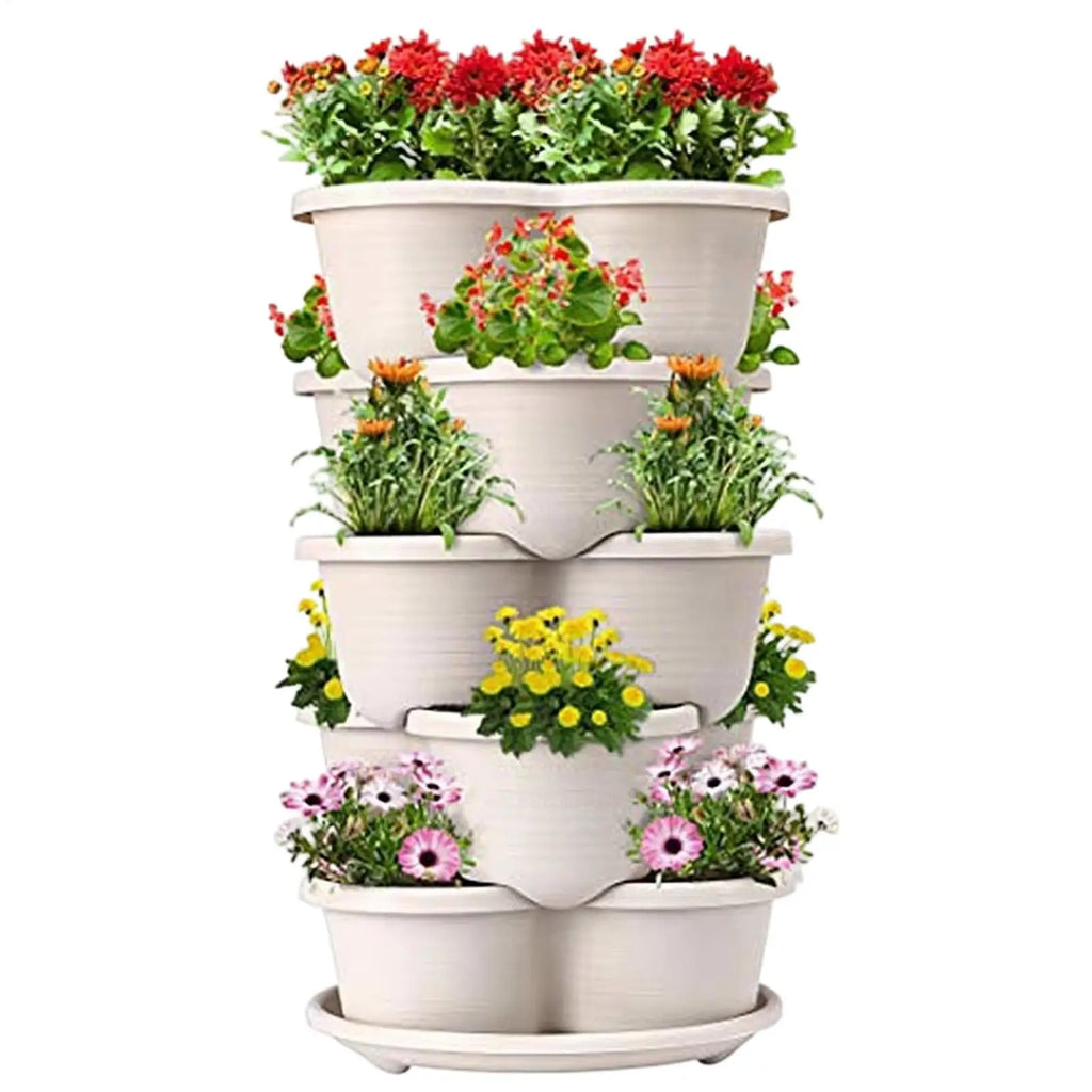 White stackable vertical planter pot set with butterfly-shaped pots and tiered trays