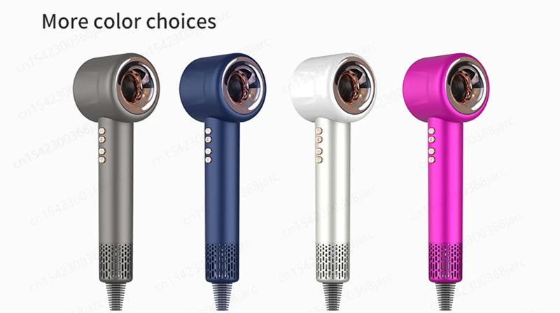 Four leafless negative ion hair dryers in grey, blue, white, and pink with sleek design and constant heat settings.