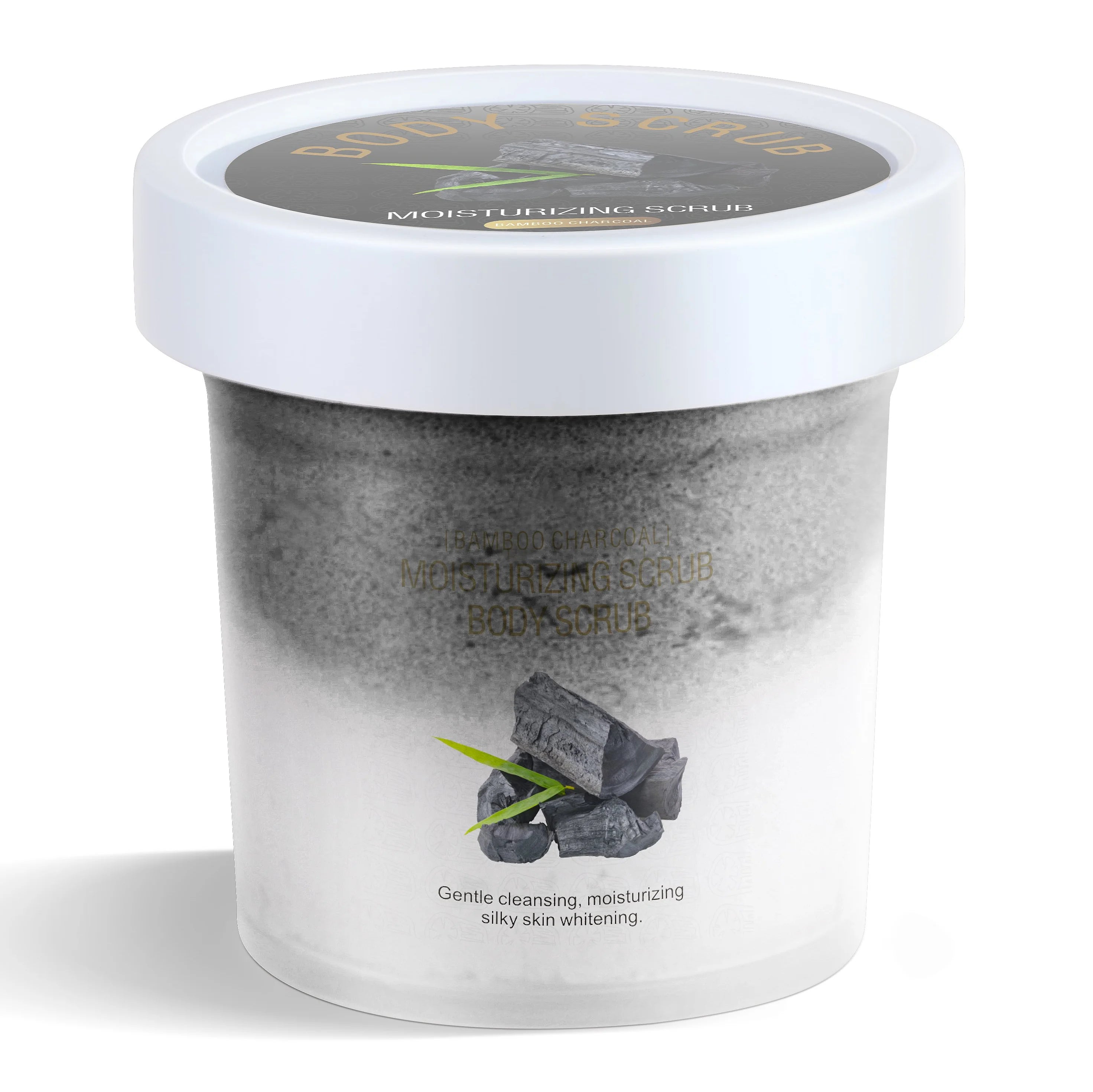 Bamboo charcoal body scrub in a cylindrical plastic jar with a white lid. Gray, textured exfoliating cream inside.
