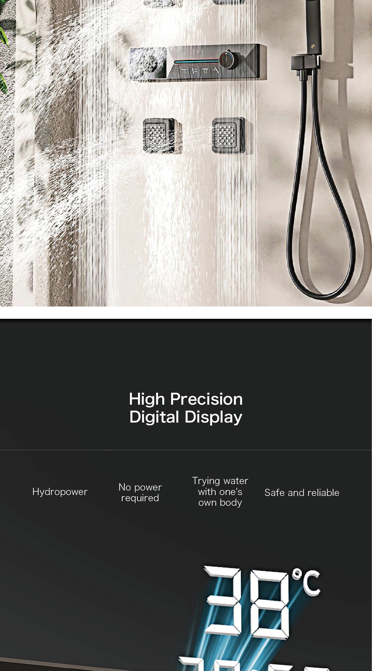 Gunmetal Gray Ceiling Mounted 4-Function Waterfall Shower System with Embedded Brass Thermostatic LED Display Body for Bathroom
