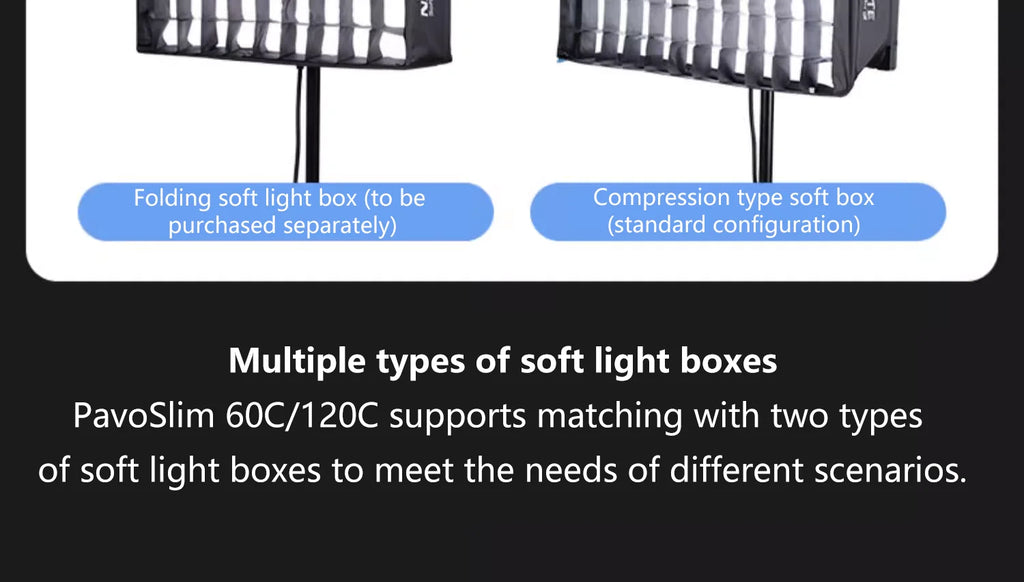 Folding and compression soft light boxes for PavoSlim 60C/120C LED panels, featuring black grid diffusers on stands.