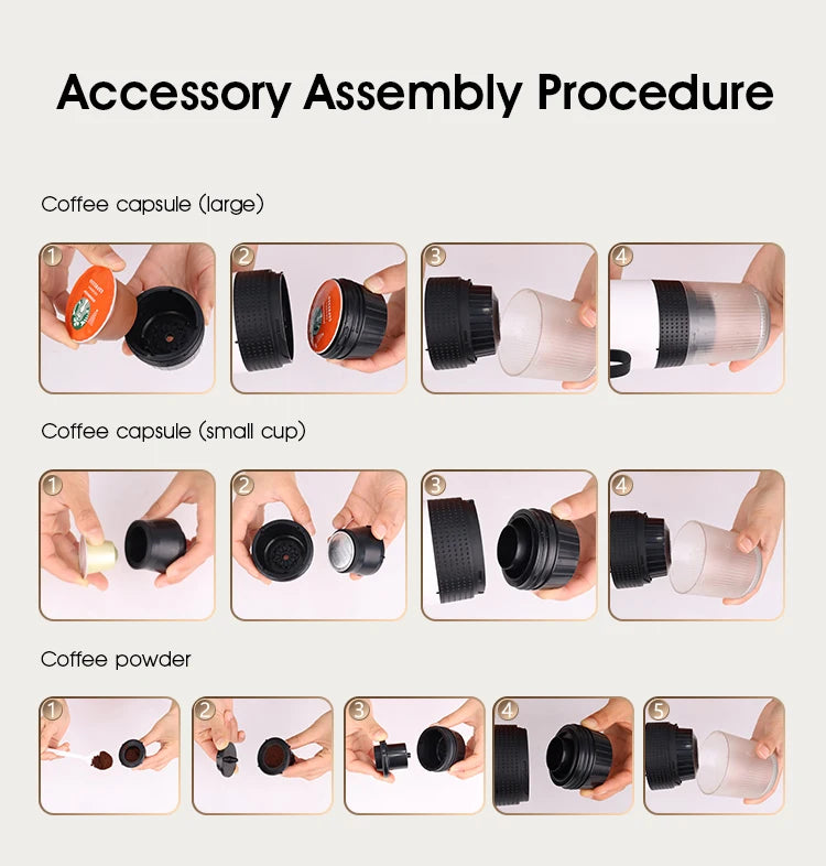 Instructional diagram for assembling portable coffee maker parts with large/small capsules and grounds powder.