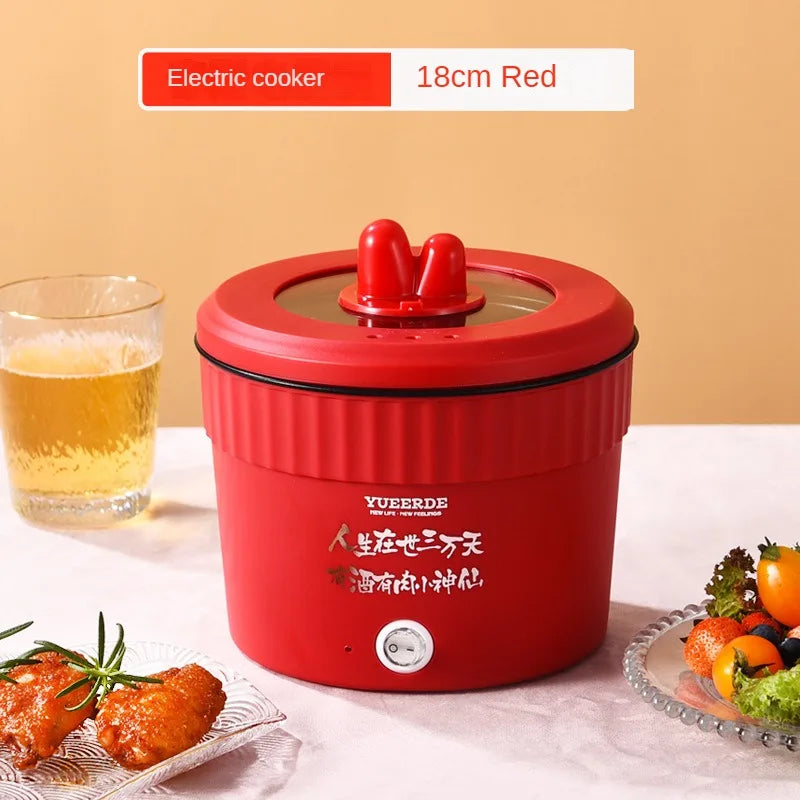Mini electric non-stick noodles cooker, red portable hot pot with lid and control dial