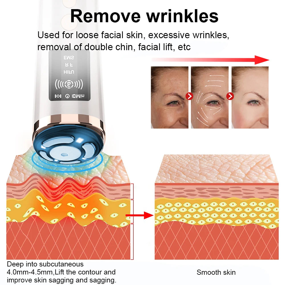White and rose gold handheld facial lifting device with blue massage head, showing skin smoothing and lifting effect.