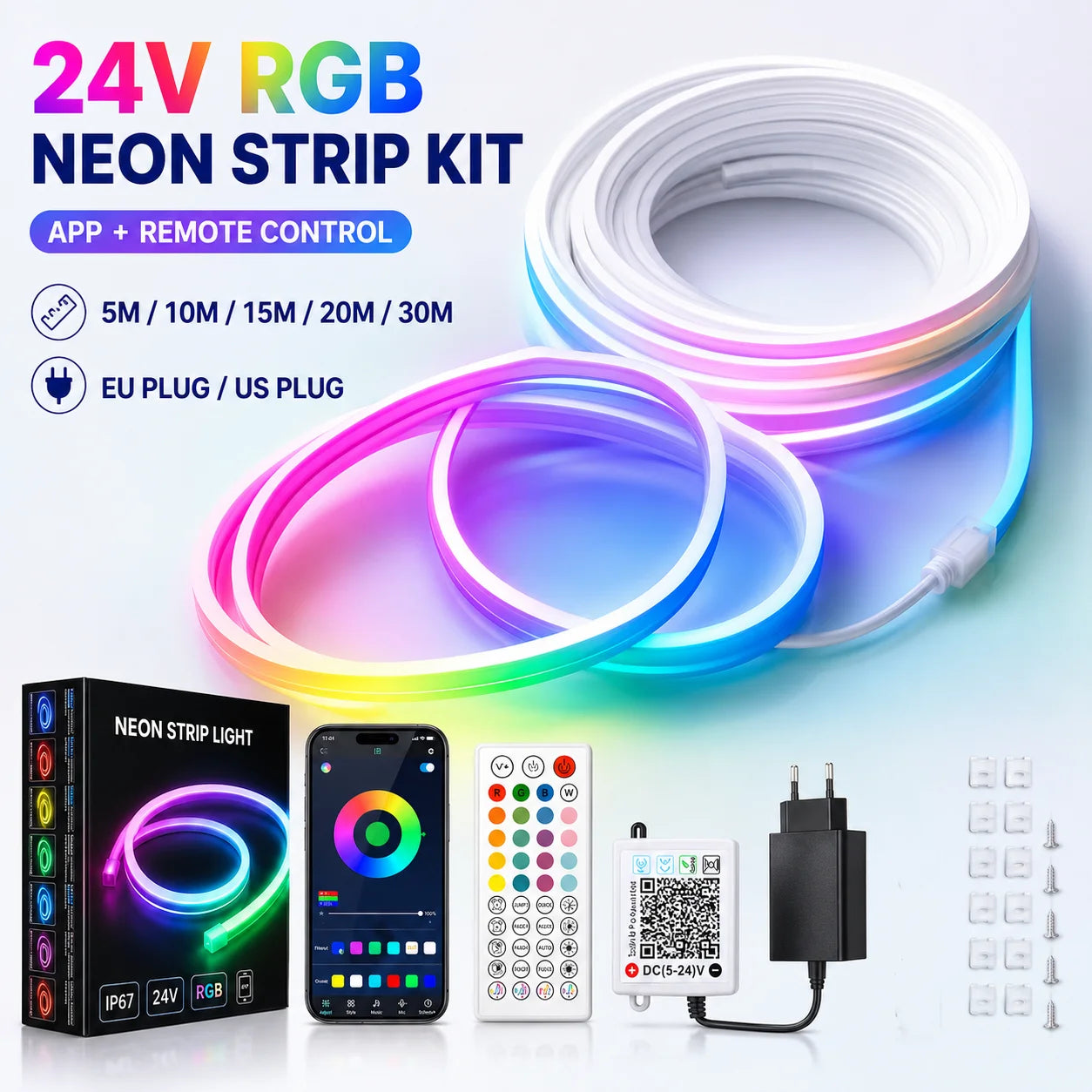 RGB Neon Light LED Rope Light Waterproof APP Remote Control Music Sync 24V Flexible DIY Silicone Strip Light for Indoor Outdoor