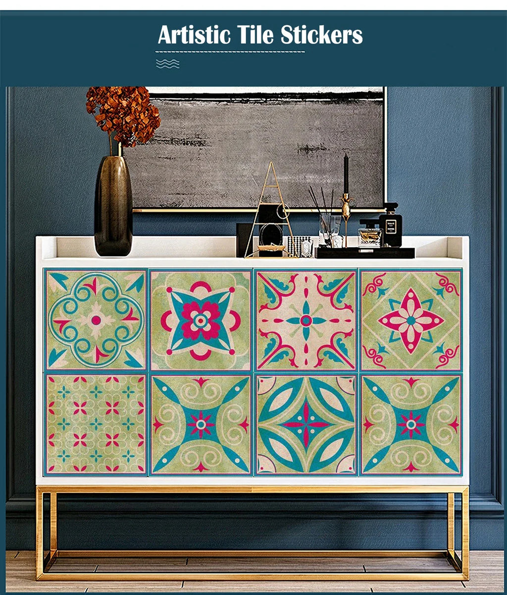 Dark Grey Vintage Boho Floral Tile Stickers Self Adhesive Glossy PVC Waterproof Decals Cabinet Kitchen Bath Wall Backsplash Deco