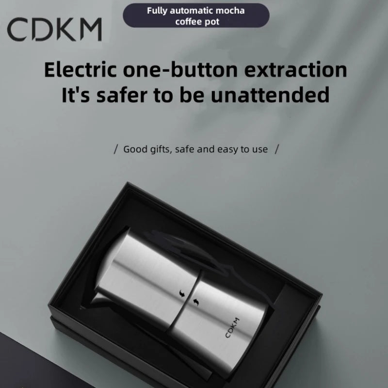 CDKM fully automatic electric mocha coffee pot in silver stainless steel, packaged in a sleek black gift box.