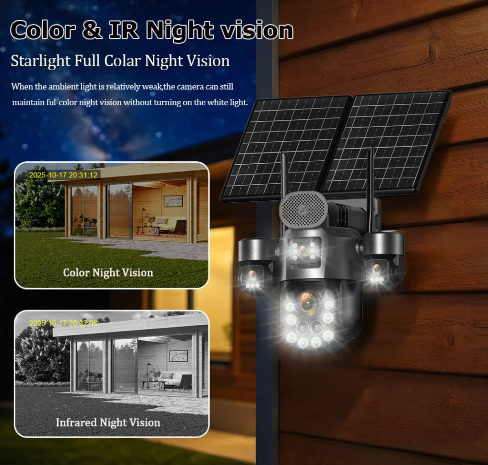 60X Optical Zoom Home Surveillance Solar Cameras 4G Security Protection Auto Track  24/7 Record 4 Screen/4 Lens CCTV PTZ Camera