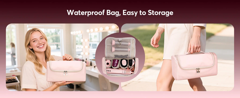 5-in-1 air wrap hair styler in a pink waterproof travel storage bag with curler and dryer brush attachments.