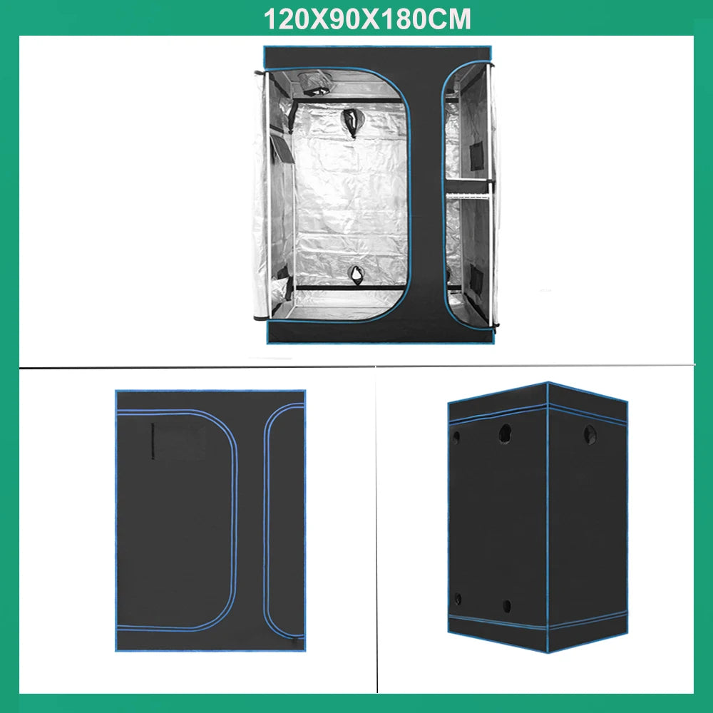 Grow tent set with dark frame and white inner lining, open interior and side/box view