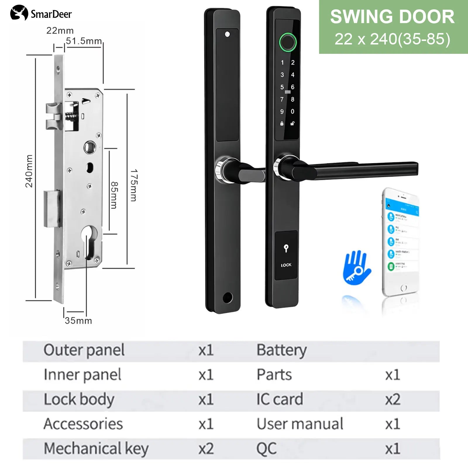 SmarDeer IP65 Waterproof Sliding Door Smart Lock，Tuya WiFi Broken Bridge Aluminum Sliding Door  Fingerprint Lock