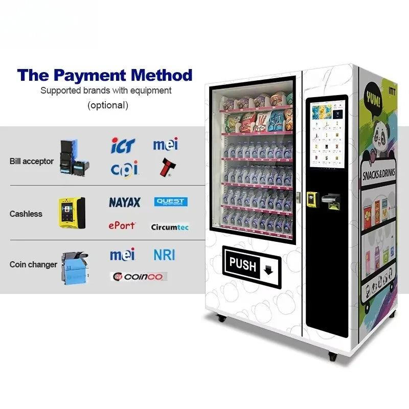 Food vending machine with front payment panel, glass display, and product spirals