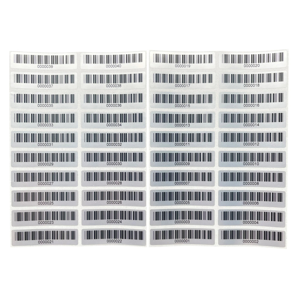 Matte silver PET barcode asset labels sheet, rectangular labels arranged in a wide row grid