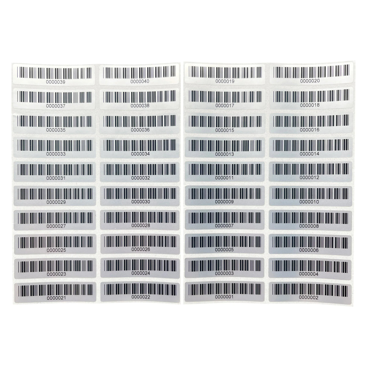 Matte silver PET barcode asset labels sheet, rectangular labels arranged in a wide row grid