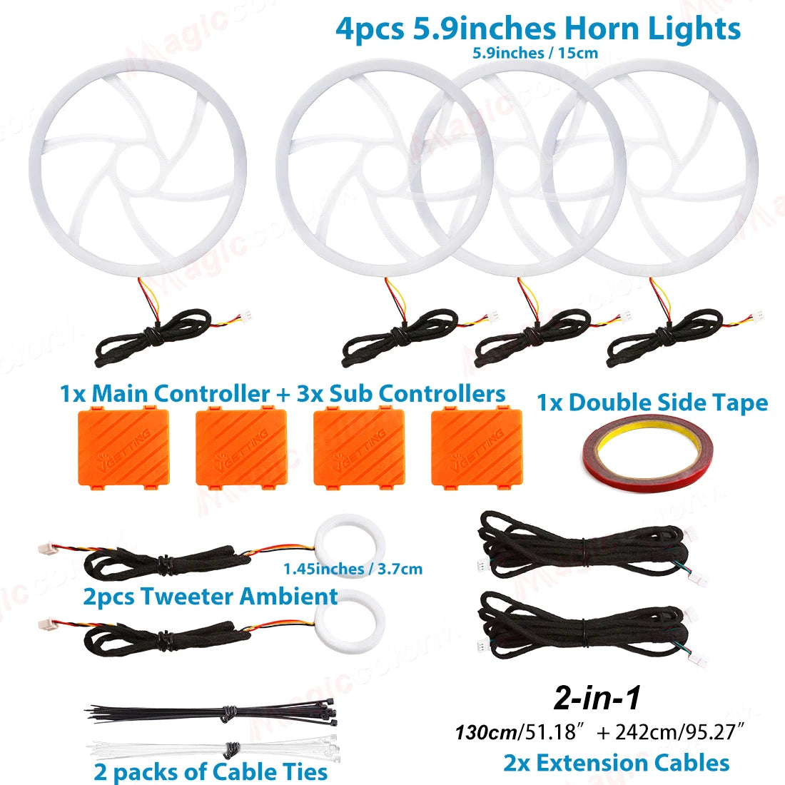 Four 5.9-inch circular LED horn lights, two tweeter lights, four control modules, extension cables, and cable ties.