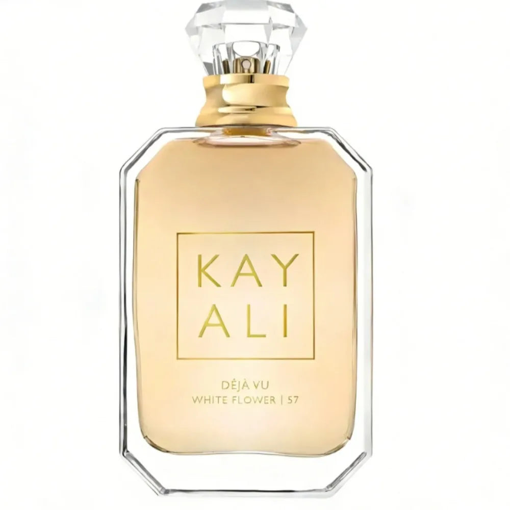 Kayali Déjà Vu White Flower 57 EDP: Luxury unisex fragrance in a chic glass bottle with a crystal-like gold cap.