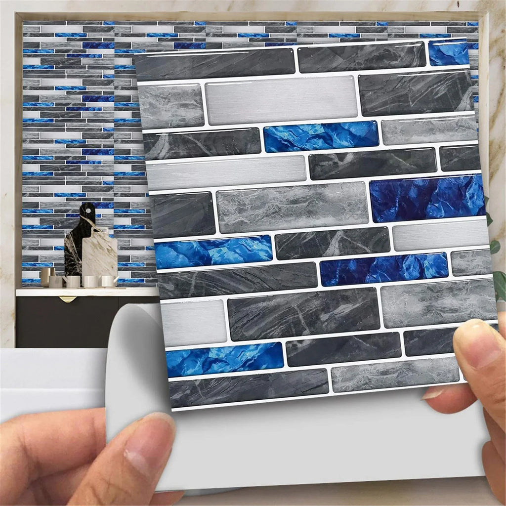 Self-adhesive 3D tile wall sticker sheet with gray, blue and white brick pattern