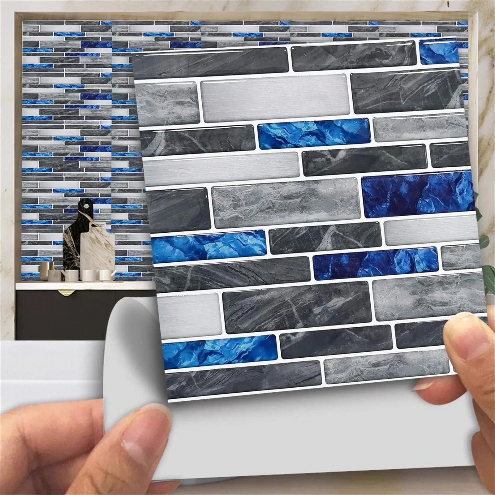 Self-adhesive 3D tile wall sticker sheet with gray, blue and white brick pattern