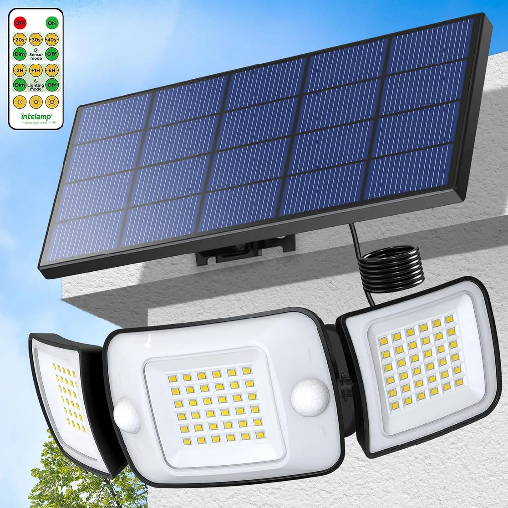Intelamp Top Brand Long Life 4000Mah Outdoor Solar Led Lights Spotlight Large Solar Panel With 3 Modes Two Motion Sensors Security Flood Light Wall Lamp For Garden Yard Garage