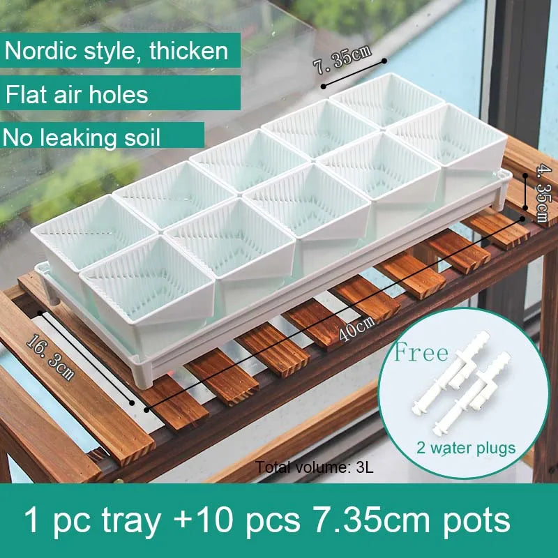 White self-draining tray with flat air holes and multiple square pot compartments
