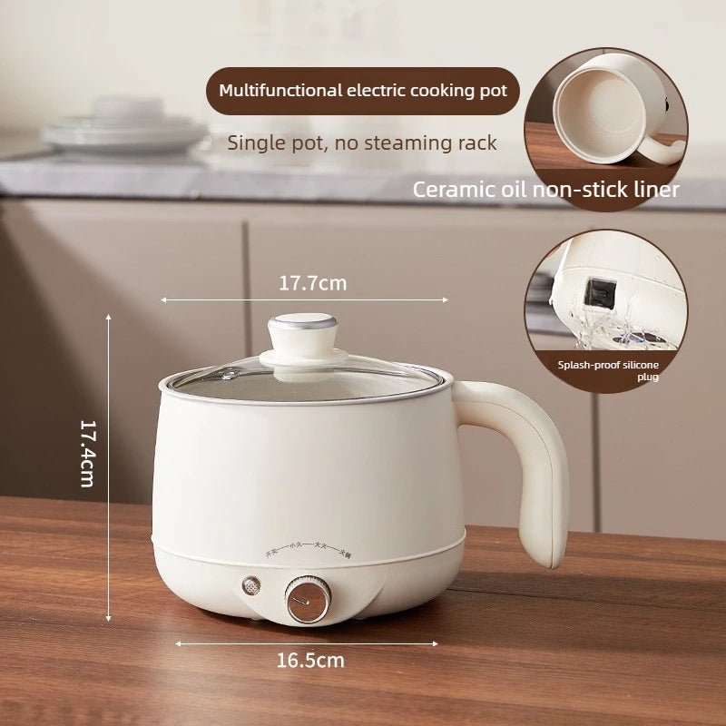 White electric hot pot with glass lid and front control dial, shown with plug detail