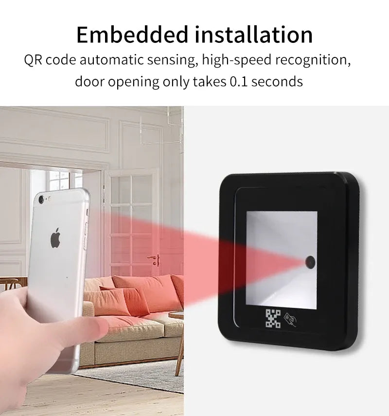 Wall-mounted black QR RFID reader with scan window and card-detecting hand